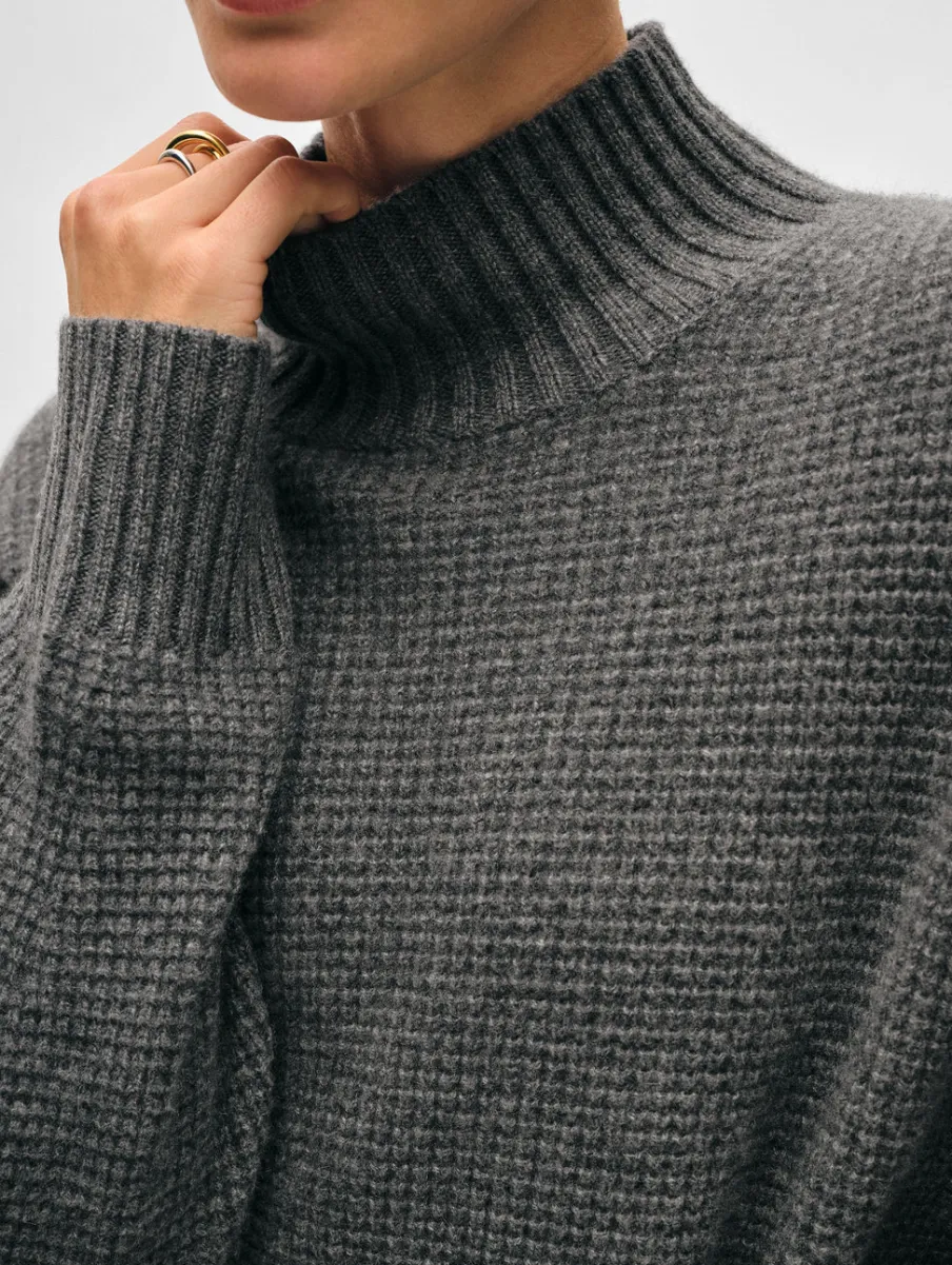 Fashion White + Warren cashmere waffle standneck GraphiteHeather