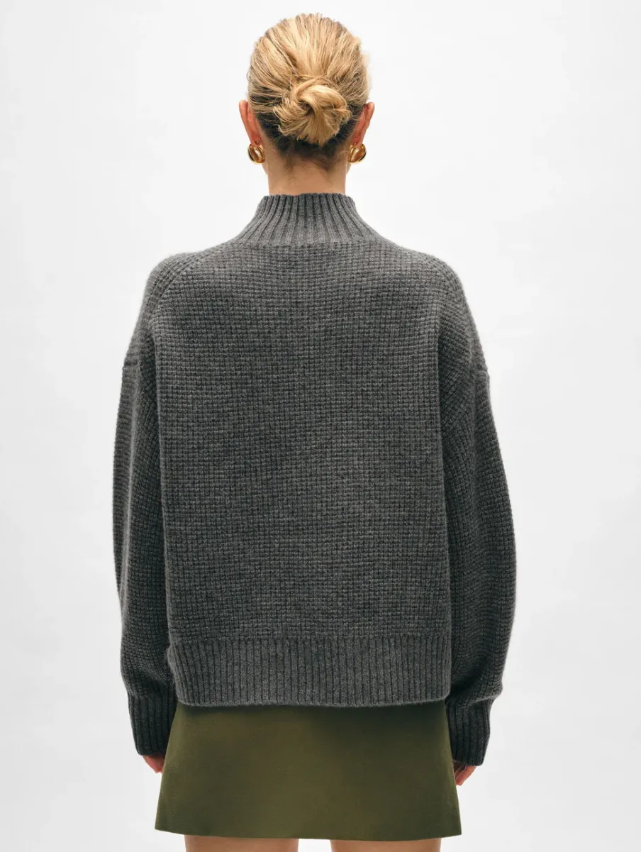 Fashion White + Warren cashmere waffle standneck GraphiteHeather
