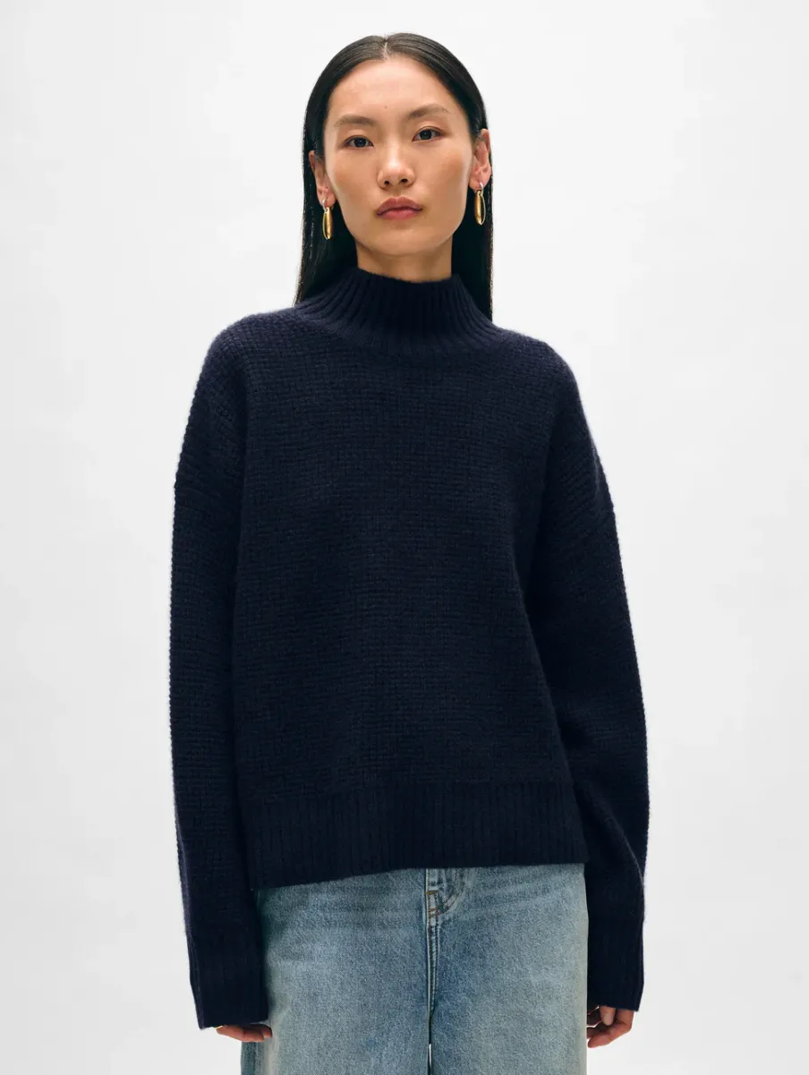 Clearance White + Warren cashmere waffle standneck DeepNavy