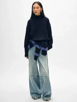 Clearance White + Warren cashmere waffle standneck DeepNavy