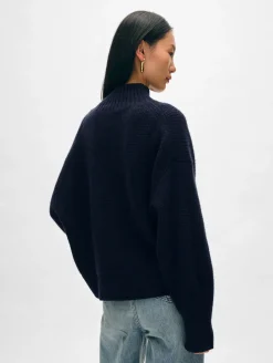 Clearance White + Warren cashmere waffle standneck DeepNavy
