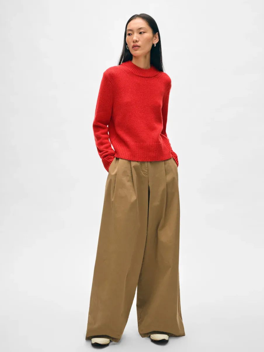 New White + Warren cashmere wide rib trim crewneck CarmineRed