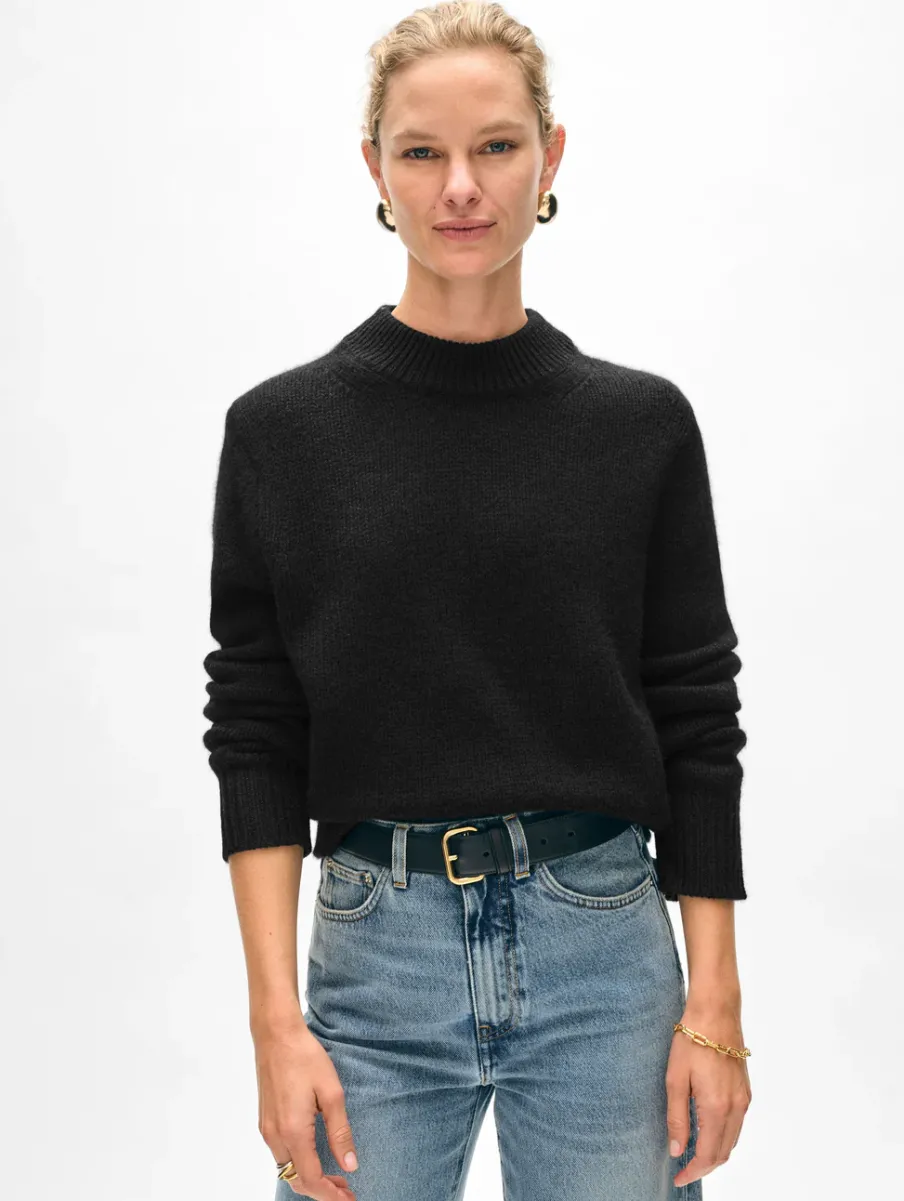Fashion White + Warren cashmere wide rib trim crewneck Black