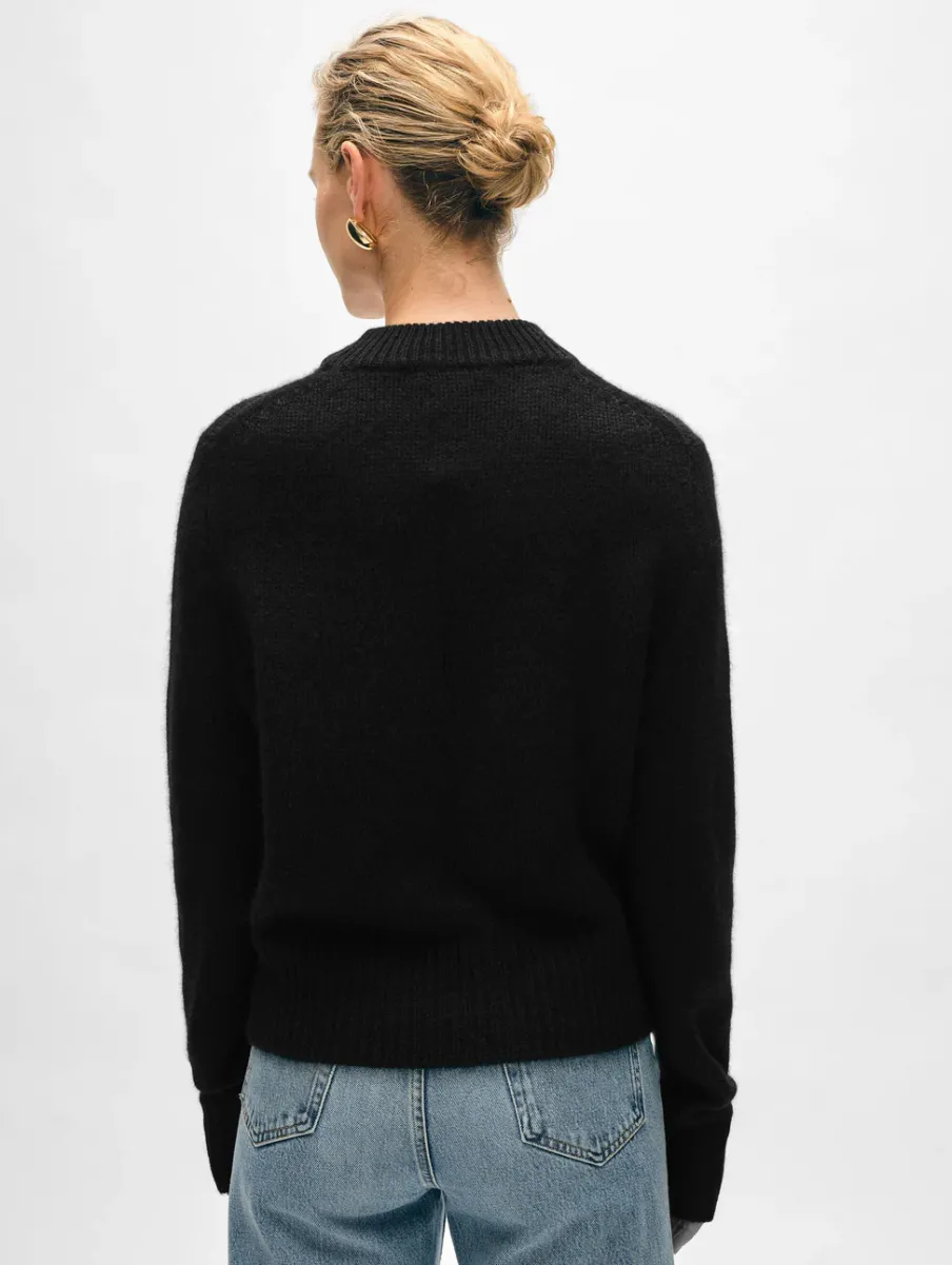 Fashion White + Warren cashmere wide rib trim crewneck Black