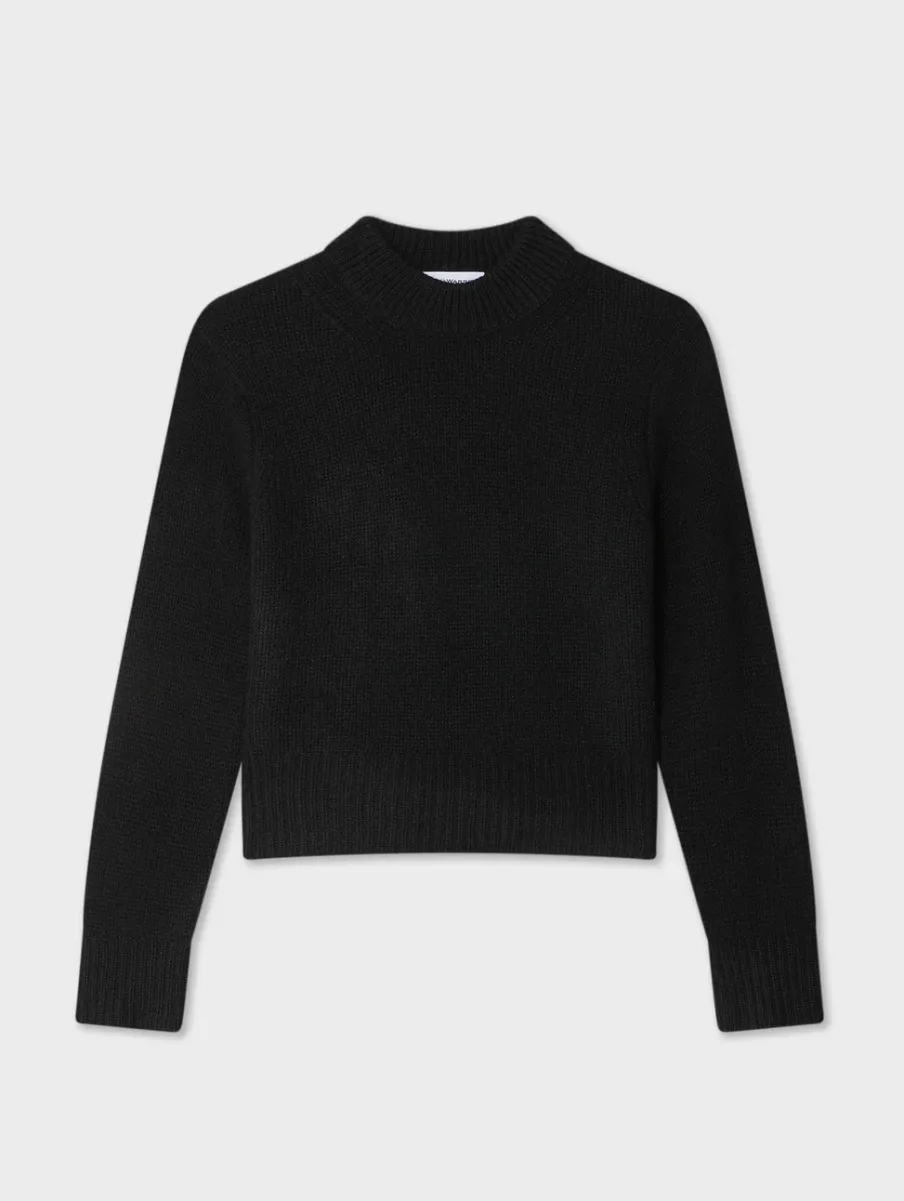 Fashion White + Warren cashmere wide rib trim crewneck Black