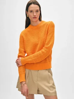 Sale White + Warren cotton blend mesh crewneck Tangerine