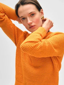 Sale White + Warren cotton blend mesh crewneck Tangerine
