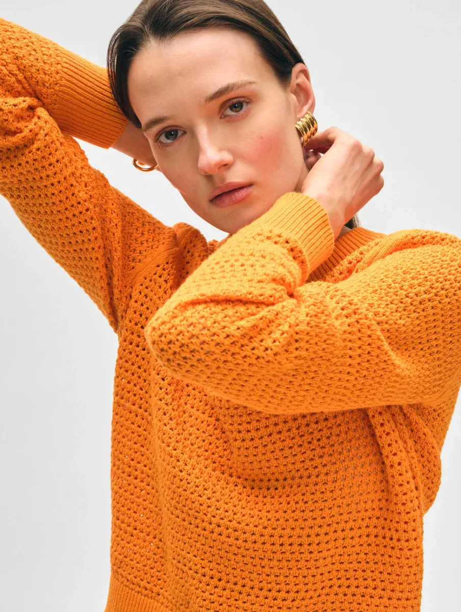 Sale White + Warren cotton blend mesh crewneck Tangerine