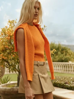 Sale White + Warren cotton blend mesh crewneck Tangerine