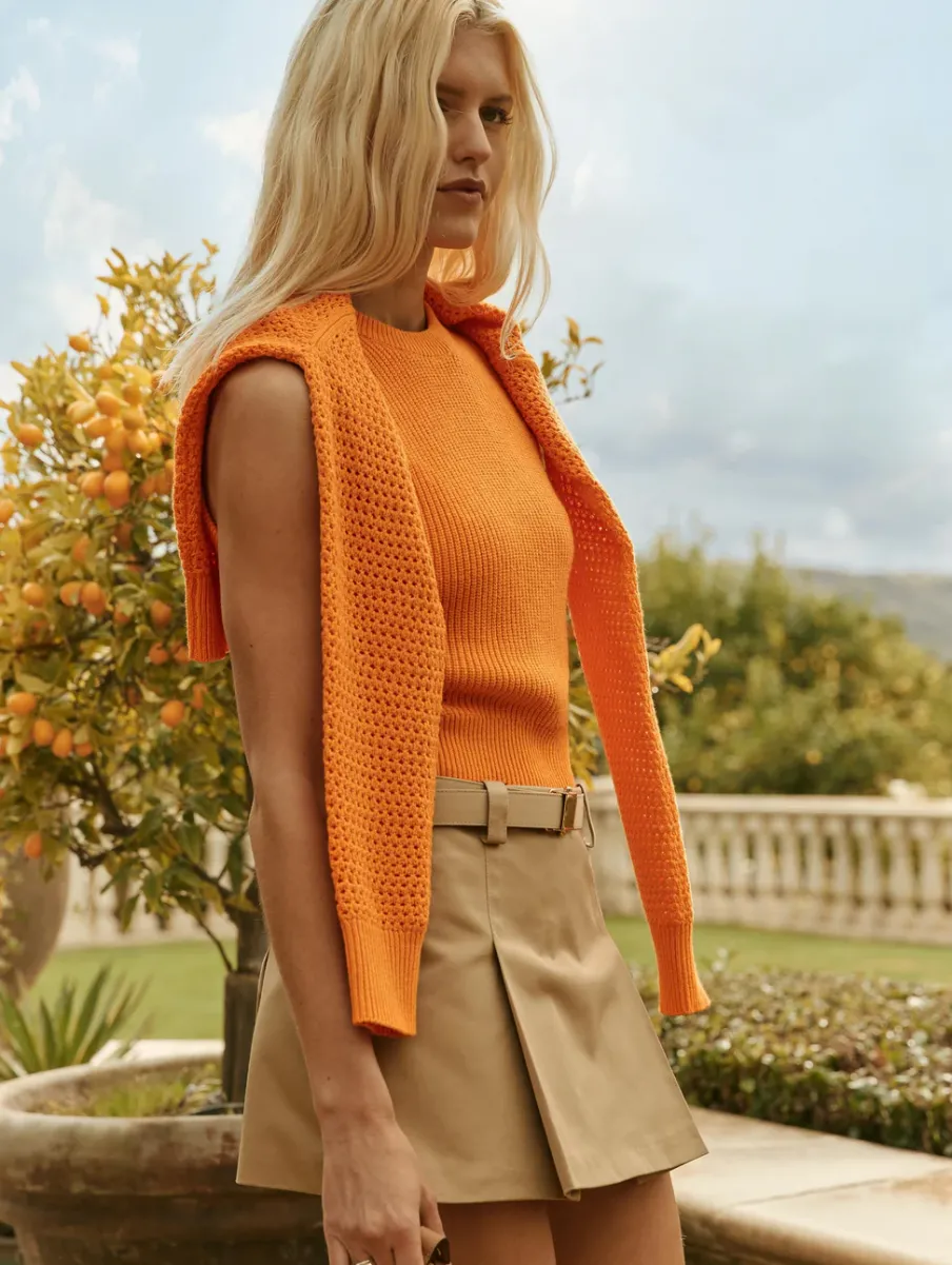 Sale White + Warren cotton blend mesh crewneck Tangerine