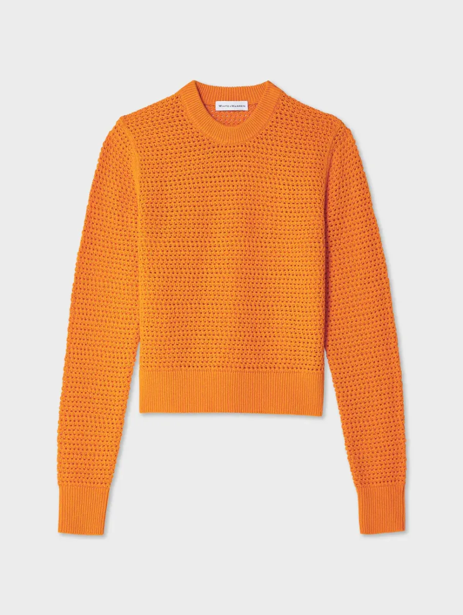 Sale White + Warren cotton blend mesh crewneck Tangerine