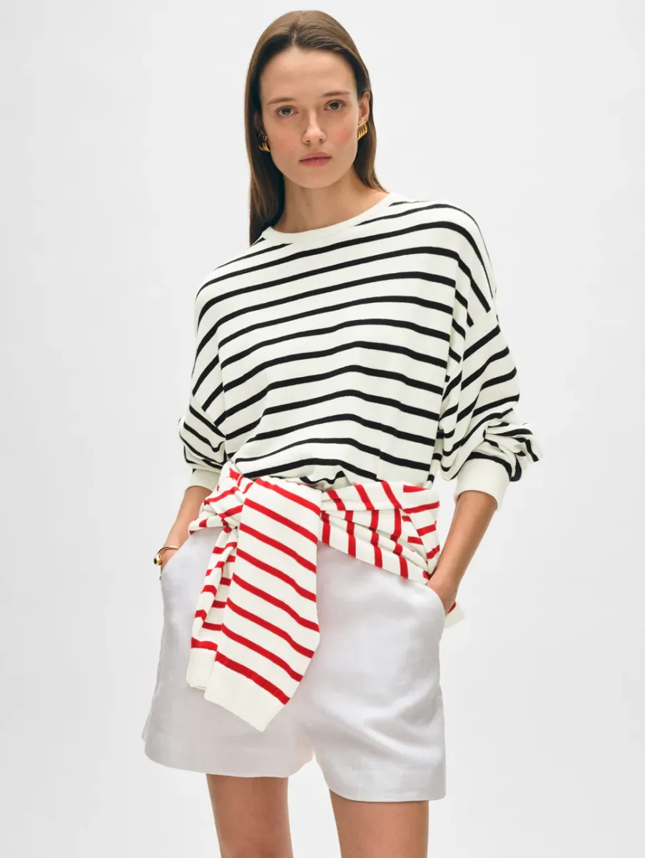 New White + Warren cotton linen drop shoulder sweater White/Black