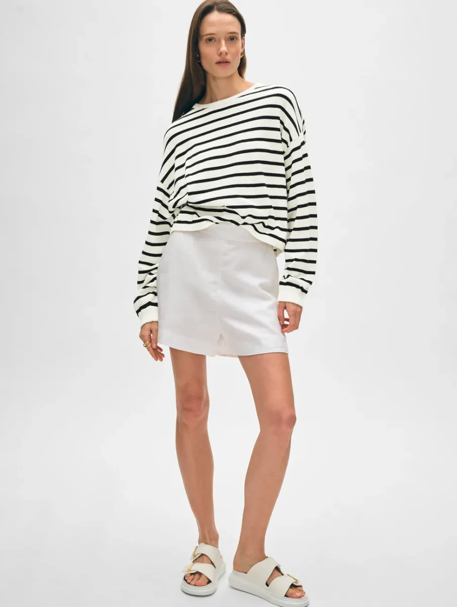 New White + Warren cotton linen drop shoulder sweater White/Black