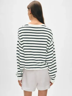 New White + Warren cotton linen drop shoulder sweater White/Black