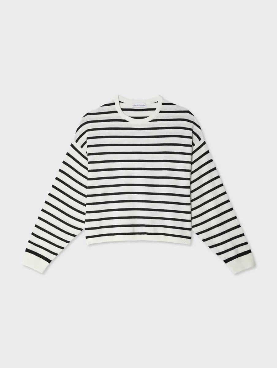 New White + Warren cotton linen drop shoulder sweater White/Black