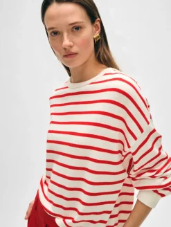 Outlet White + Warren cotton linen drop shoulder sweater White/Tomato