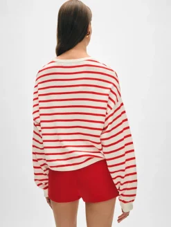 Outlet White + Warren cotton linen drop shoulder sweater White/Tomato