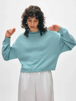 New White + Warren cotton linen drop shoulder sweater SoftAqua