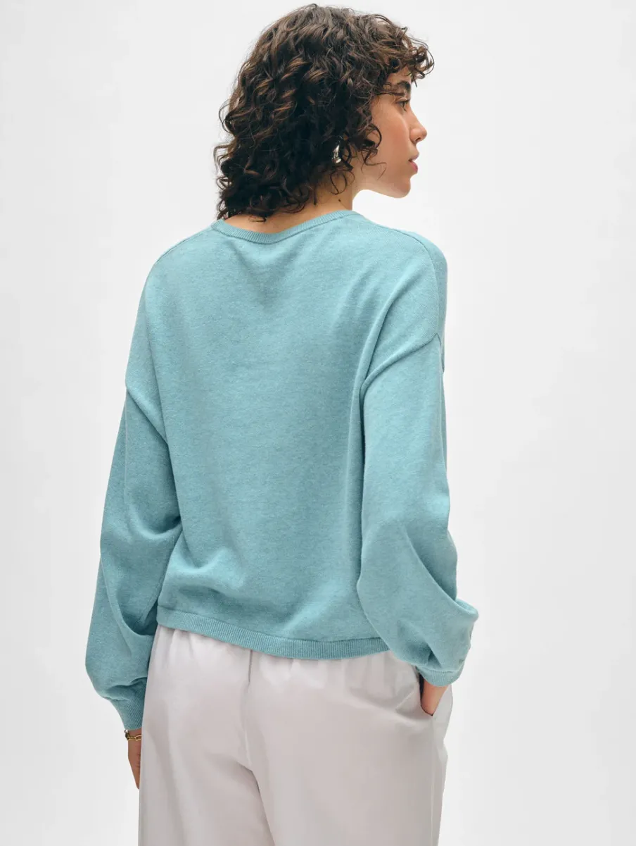 New White + Warren cotton linen drop shoulder sweater SoftAqua