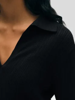 New White + Warren cotton linen ribbed polo Black