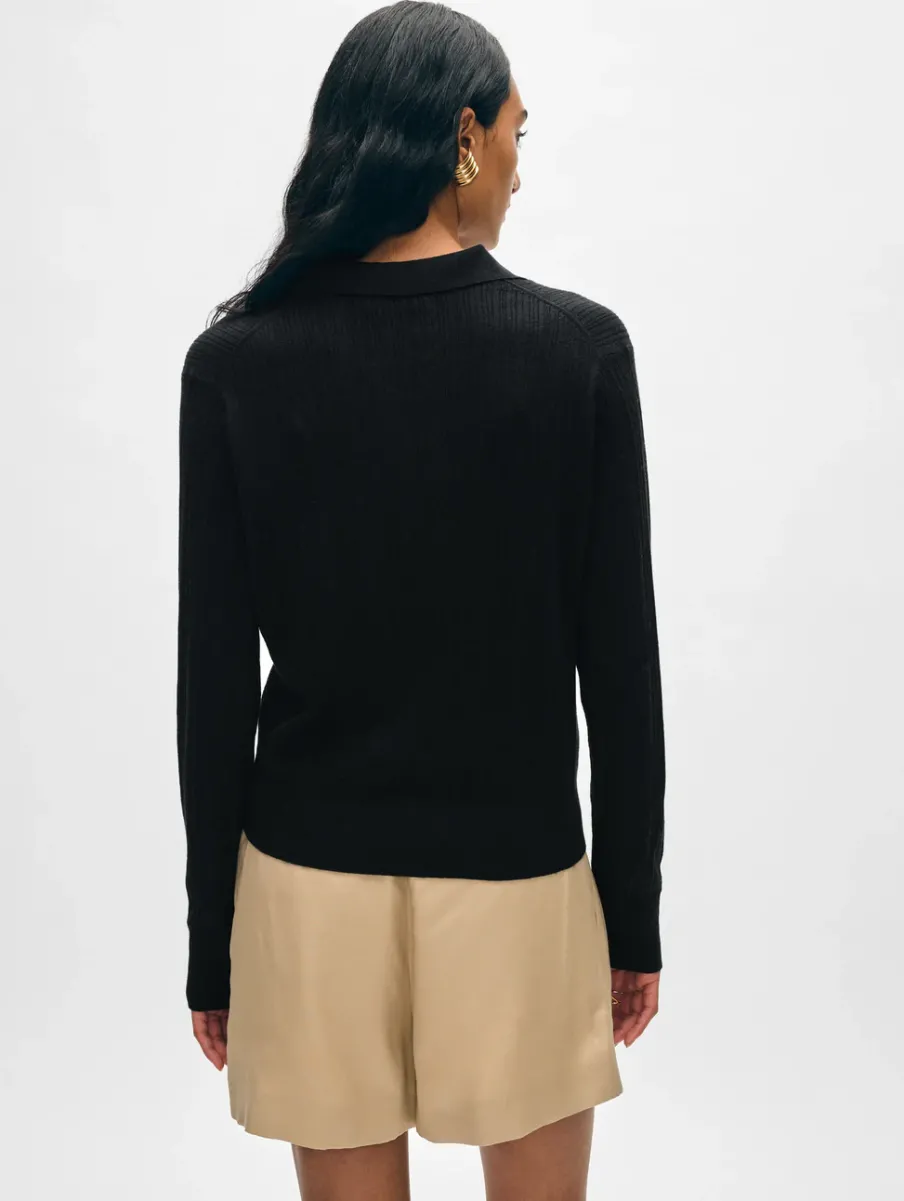 New White + Warren cotton linen ribbed polo Black