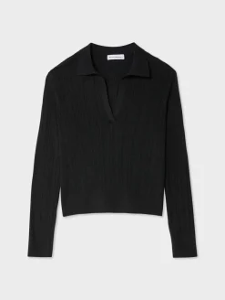 New White + Warren cotton linen ribbed polo Black