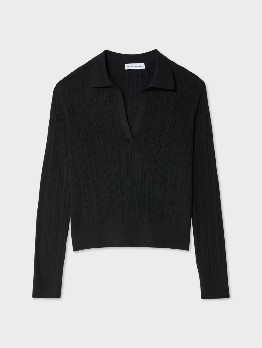New White + Warren cotton linen ribbed polo Black