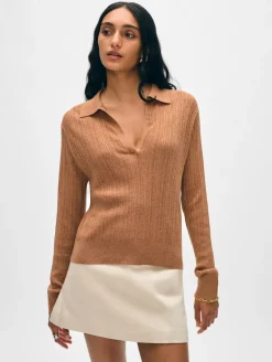Outlet White + Warren cotton linen ribbed polo Macchiato