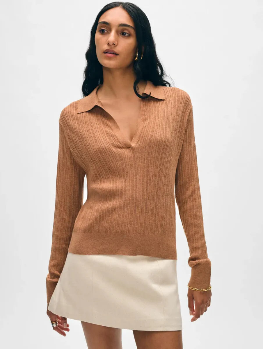 Outlet White + Warren cotton linen ribbed polo Macchiato