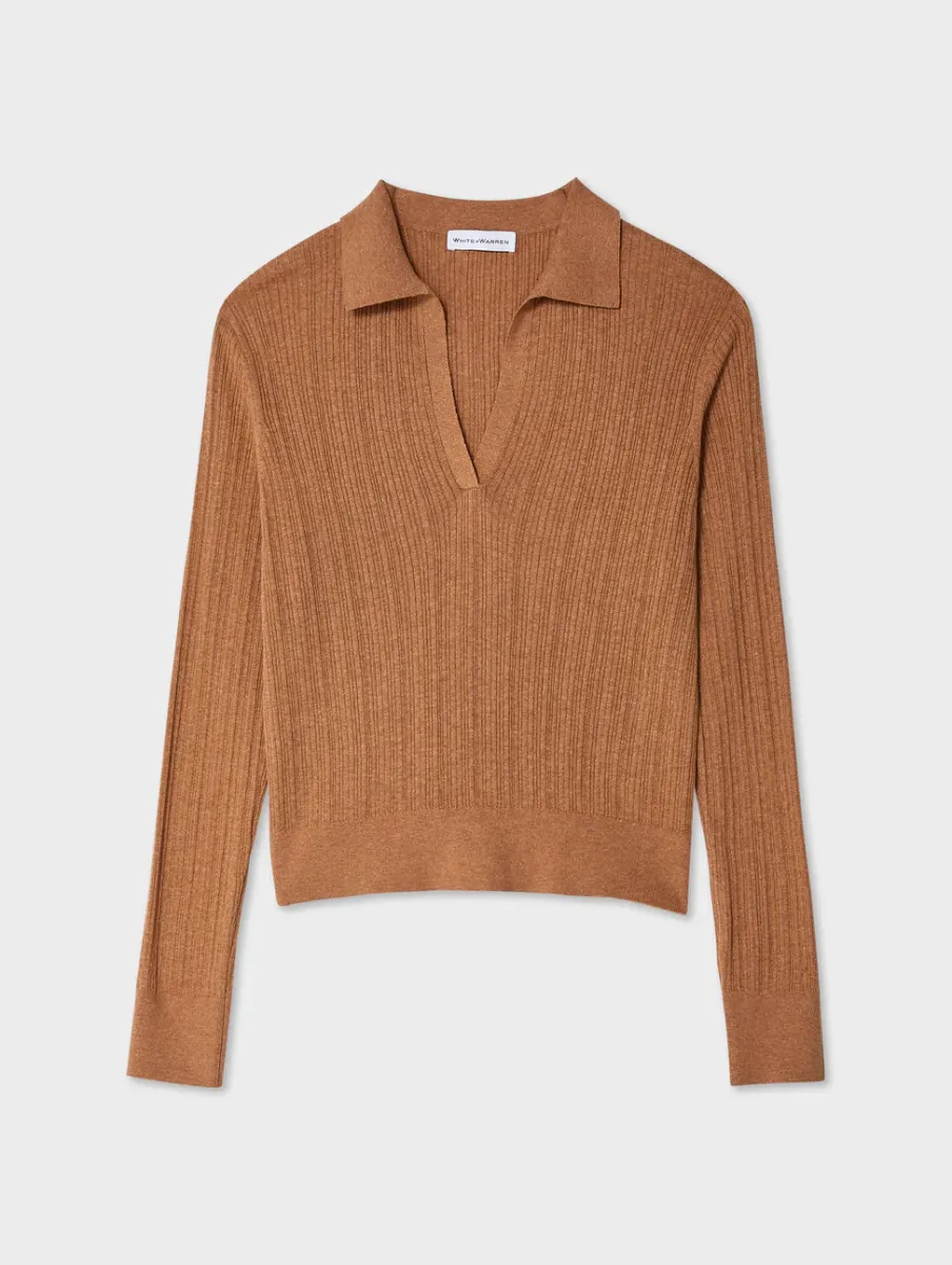 Outlet White + Warren cotton linen ribbed polo Macchiato