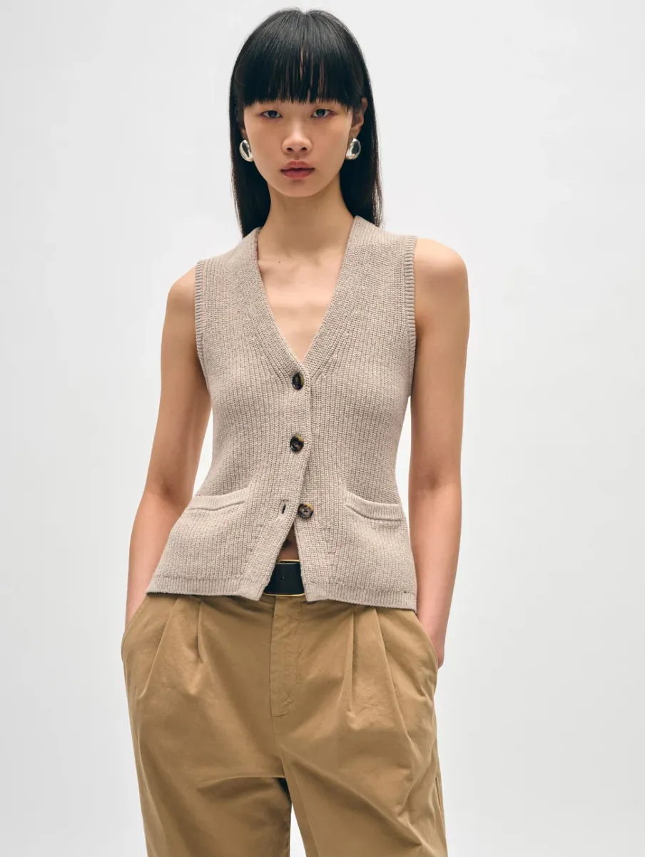 Discount White + Warren cotton linen ribbed waistcoat Flax
