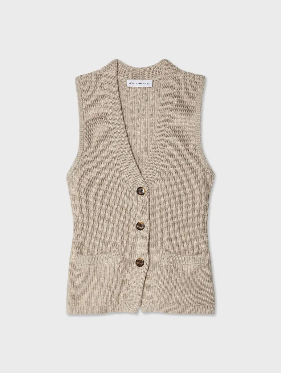 Discount White + Warren cotton linen ribbed waistcoat Flax