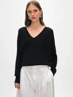 Online White + Warren cotton linen tipped v neck Black/White