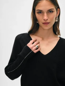 Online White + Warren cotton linen tipped v neck Black/White