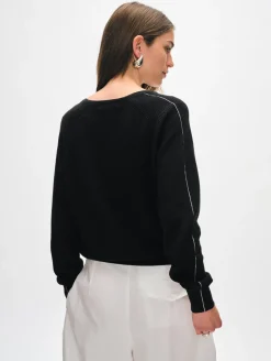 Online White + Warren cotton linen tipped v neck Black/White