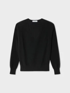 Online White + Warren cotton linen tipped v neck Black/White