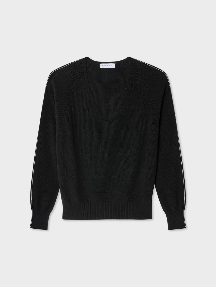 Online White + Warren cotton linen tipped v neck Black/White