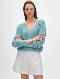 Online White + Warren cotton linen tipped v neck SoftAqua/White