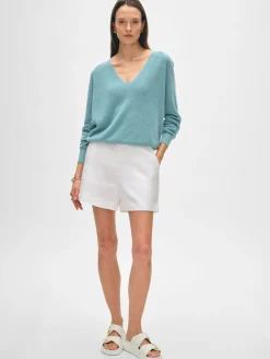 Online White + Warren cotton linen tipped v neck SoftAqua/White