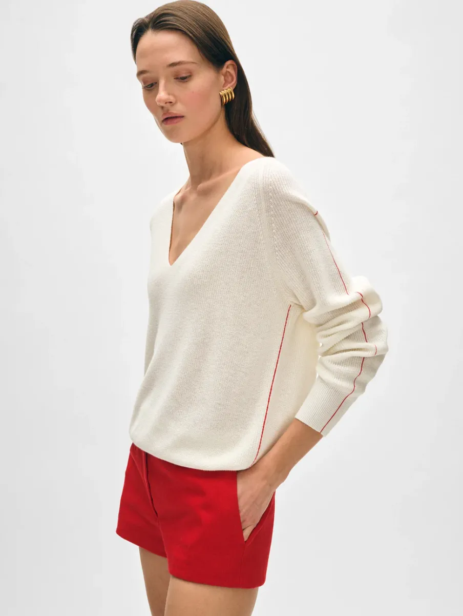 Best White + Warren cotton linen tipped v neck White/Tomato