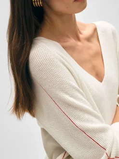 Best White + Warren cotton linen tipped v neck White/Tomato