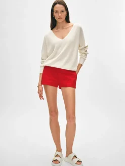 Best White + Warren cotton linen tipped v neck White/Tomato