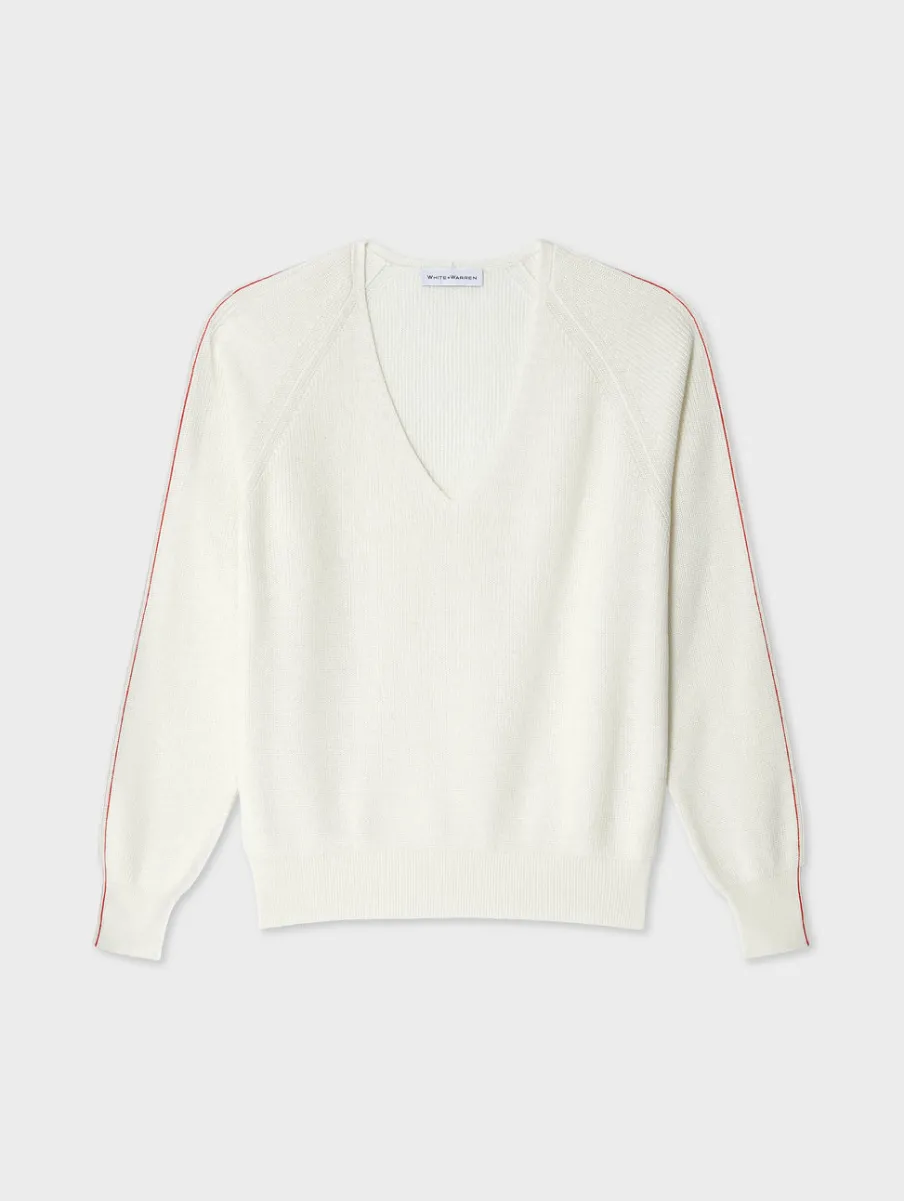 Best White + Warren cotton linen tipped v neck White/Tomato
