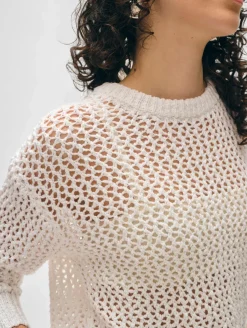 Hot White + Warren cotton slub mesh crewneck Ivory