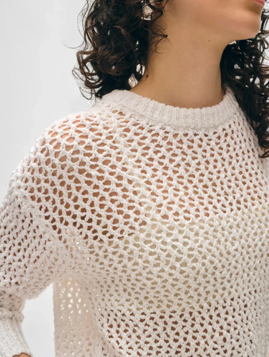 Hot White + Warren cotton slub mesh crewneck Ivory