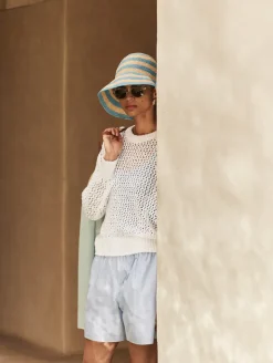 Hot White + Warren cotton slub mesh crewneck Ivory