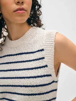Discount White + Warren cotton slub rib trim tank Ivory/Navy