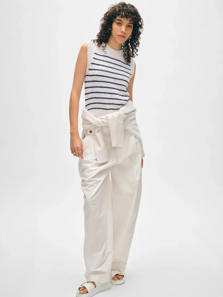 Discount White + Warren cotton slub rib trim tank Ivory/Navy