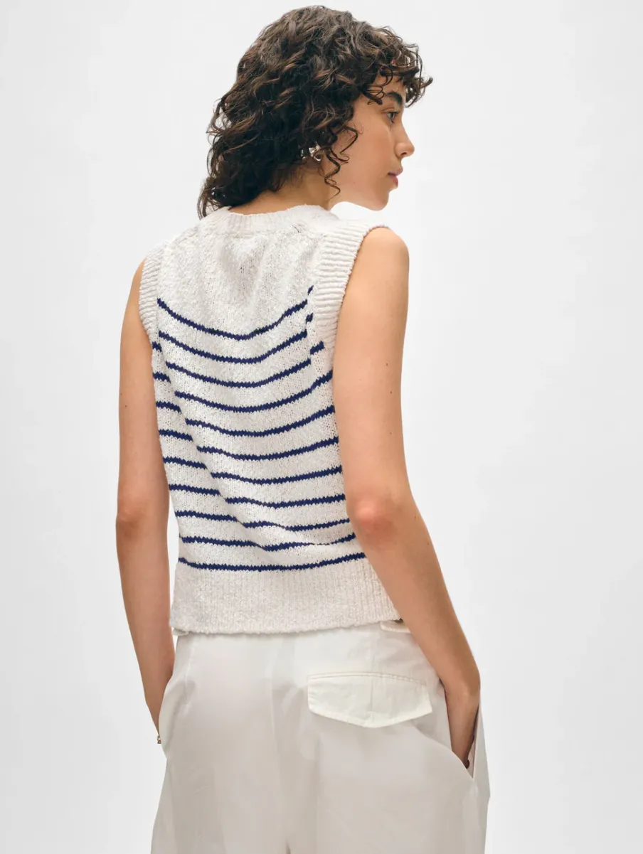 Discount White + Warren cotton slub rib trim tank Ivory/Navy