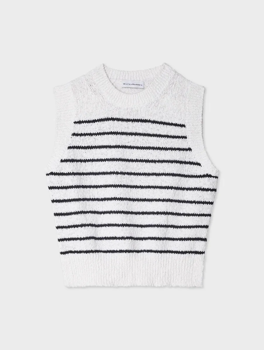 Discount White + Warren cotton slub rib trim tank Ivory/Navy